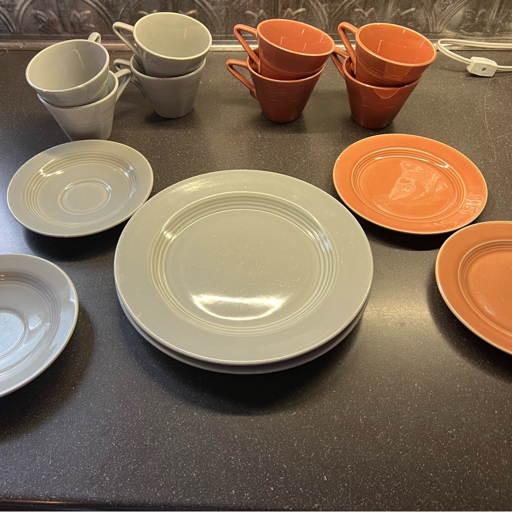 Antique dishes - Rose and gray Harlequin dishes